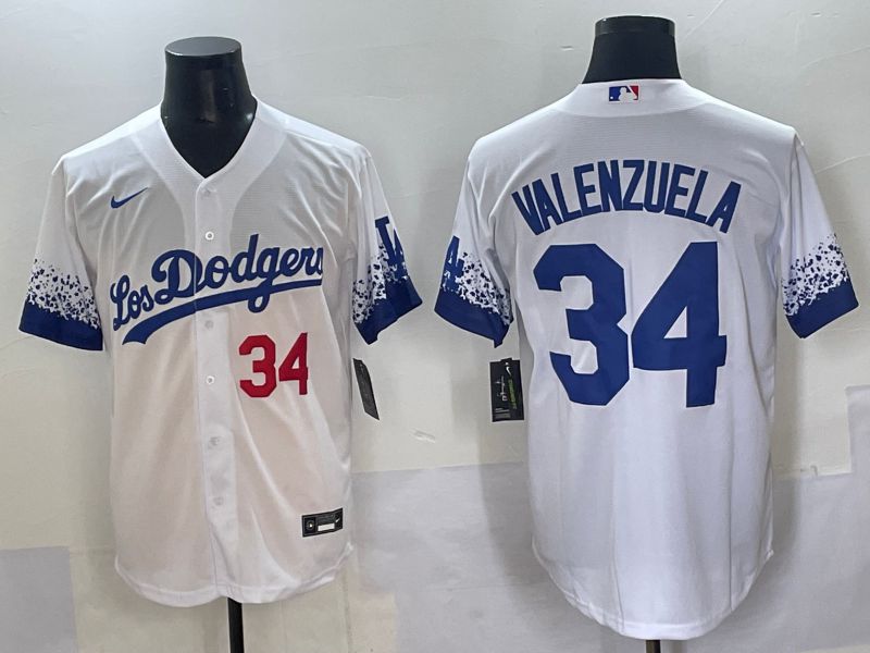 Men 2025 Los Angeles Dodgers #34 Valenzuela White blue City Edition Nike MLB Jersey style 3